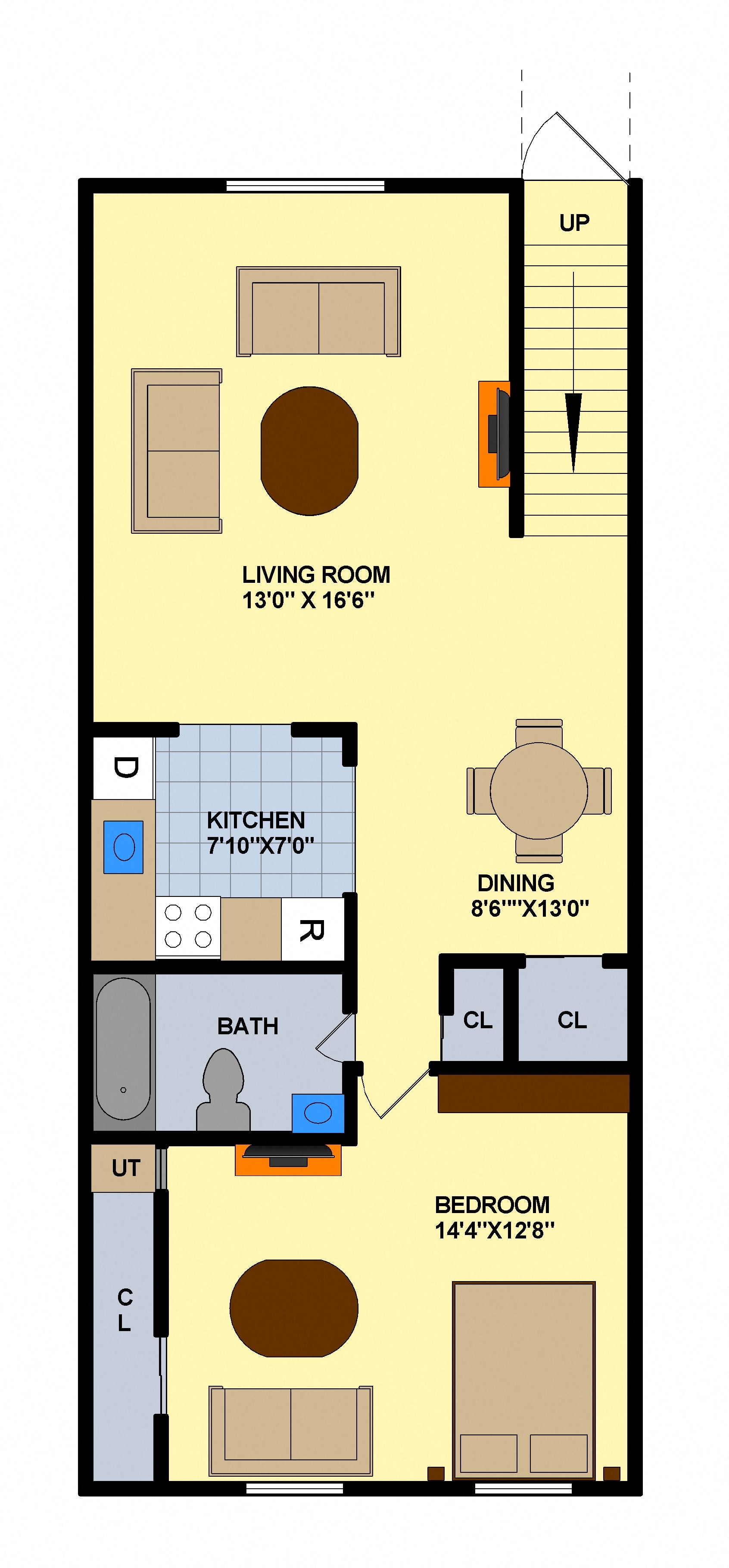 Floor plan for 1 bed, 1 bath, 750 sqft